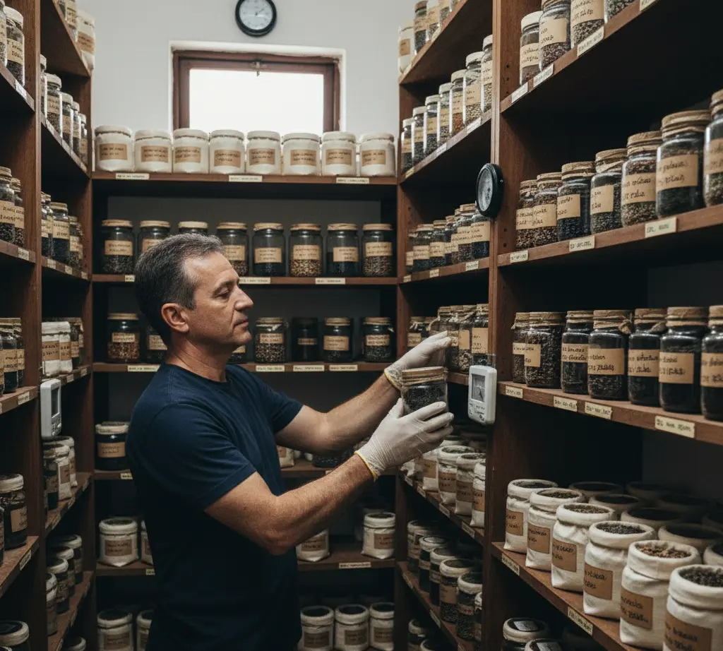 Sementes sendo armazenadas em recipientes de vidro